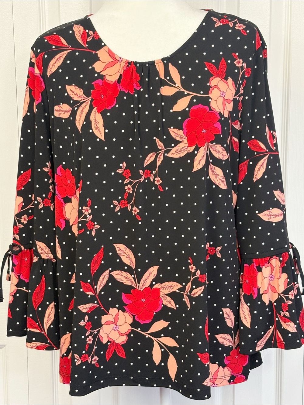 Liz Claiborne Career Black Polka Dot Red Floral Print Tie Bell Sleeve Top XL